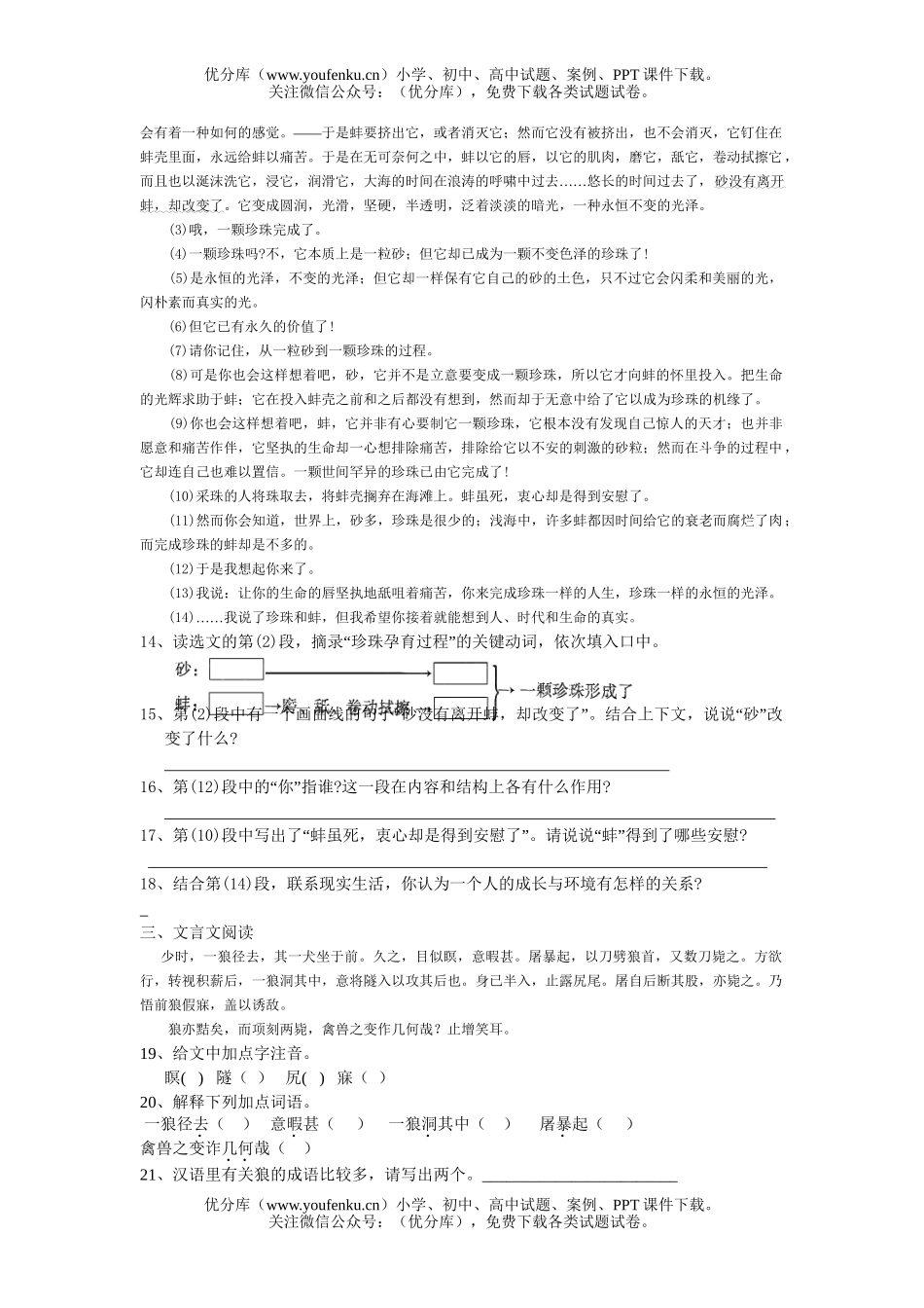 初中七年级语文(下)第六单元测试卷_第3页