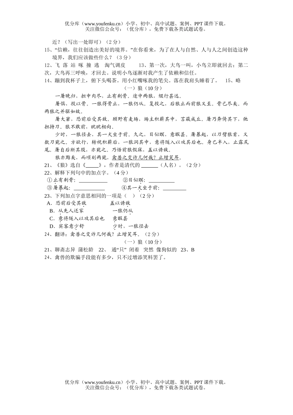 初中七年级语文第六单元复习[下学期]试卷_第3页