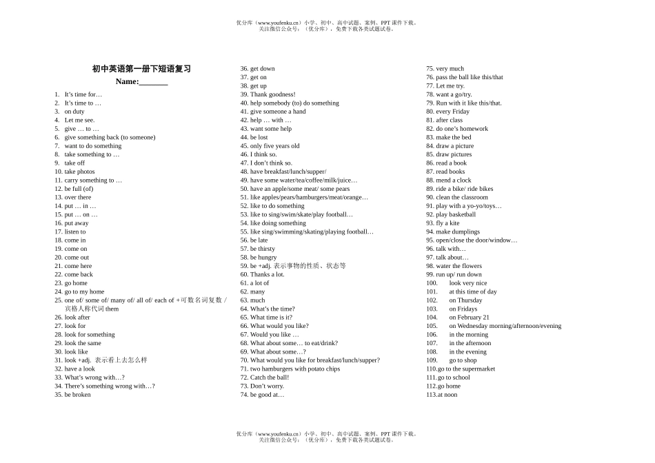 初中七年级英语下册短语复习试卷_第1页