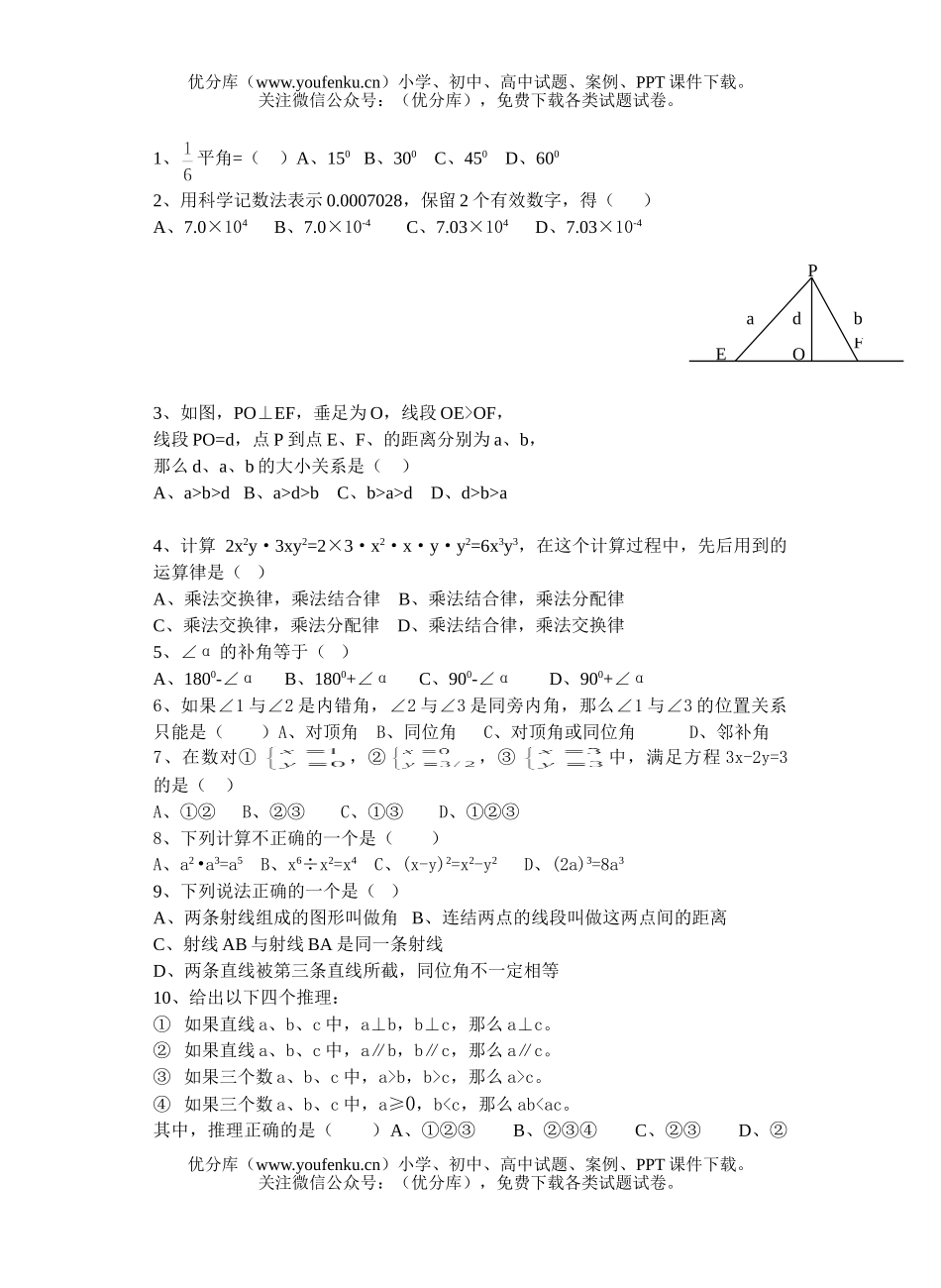 初中七年级数学(下)综合练习试卷_第1页