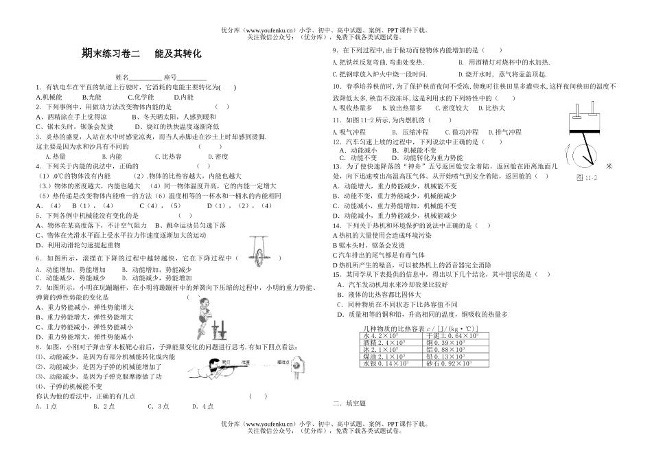 初中九年级物理能及其转化试卷_第1页