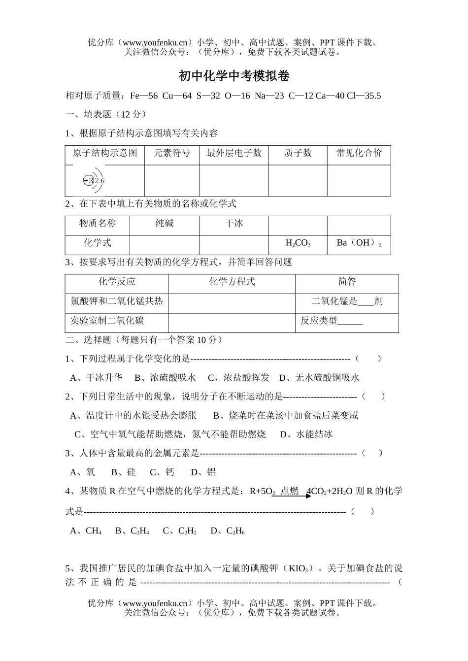 初中化学中考模拟试卷_第1页