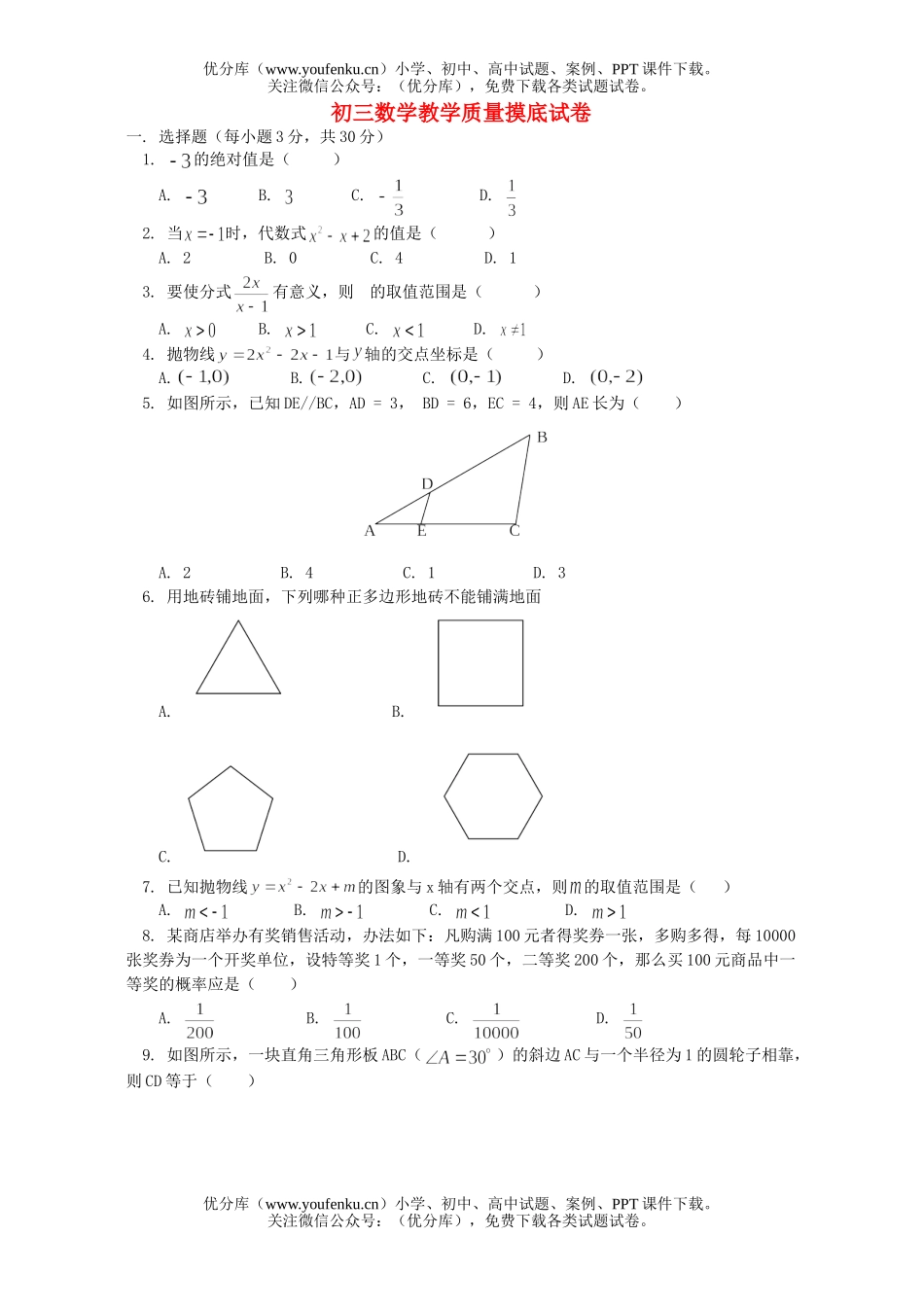 初中九年级数学教学质量摸底试卷_第1页