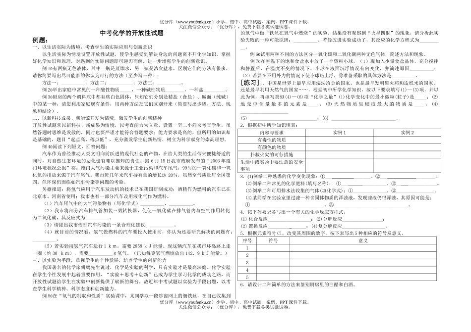 初中化学中考的开放性试卷_第1页