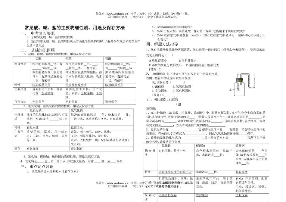 初中化学常见酸、碱、盐的主要性质、用途及保存方法试卷_第1页