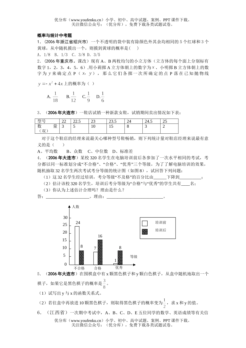 初中九年级数学概率与统计中考题试卷_第1页