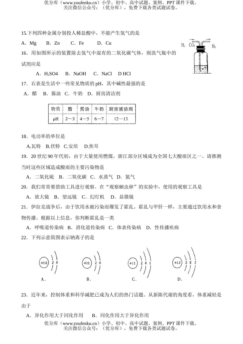 初中九年级物理毕业、升学考试题试卷_第3页