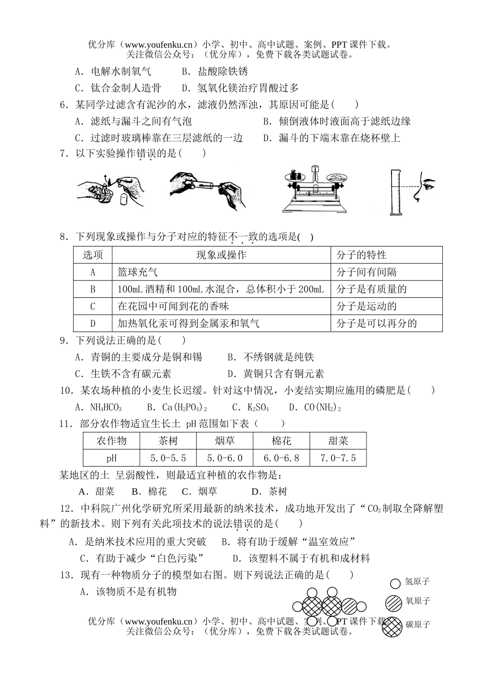 初中化学阶段学校招生考试卷_第2页