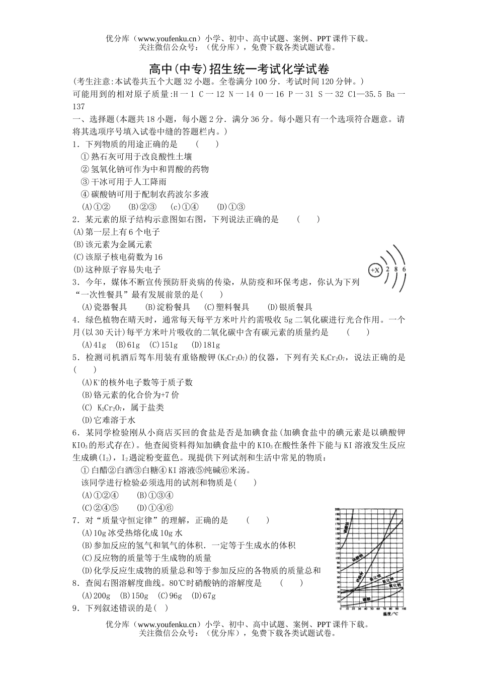 初中化学(中专)招生统一考试卷_第1页