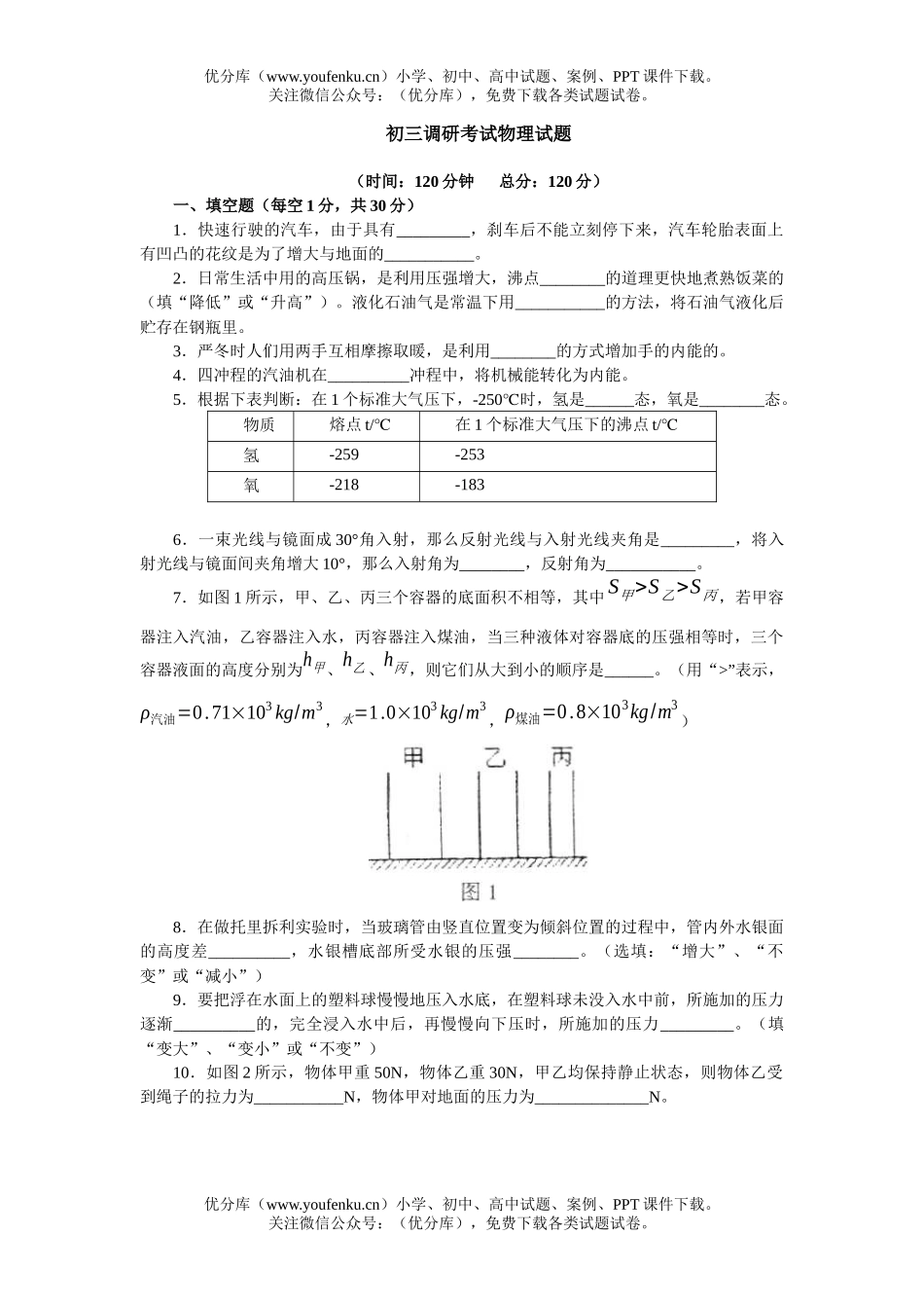 初中九年级物理调研考试卷_第1页