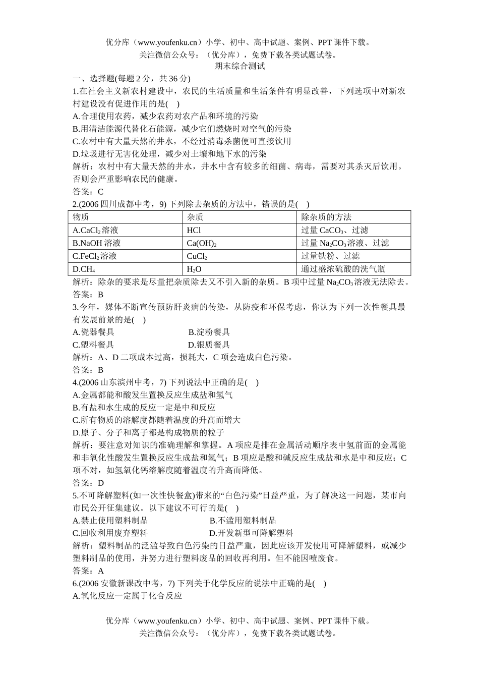 初中化学下期末综合测试卷_第1页