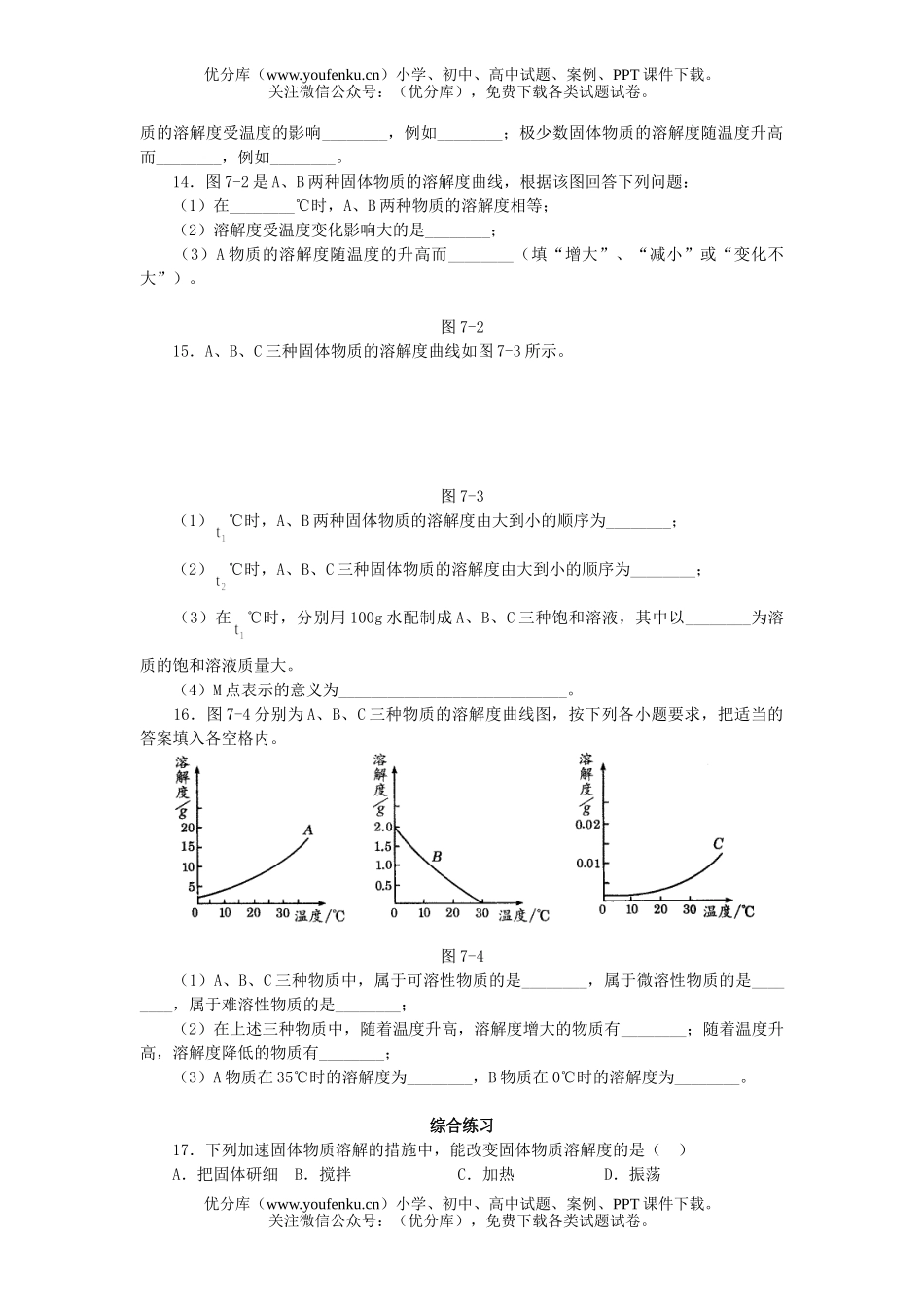 初中化学溶解度练习2试卷_第1页