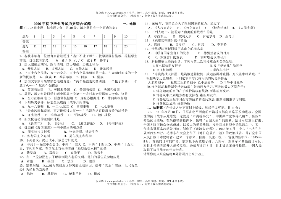 初中九年级历史毕业考试综合试卷_第1页
