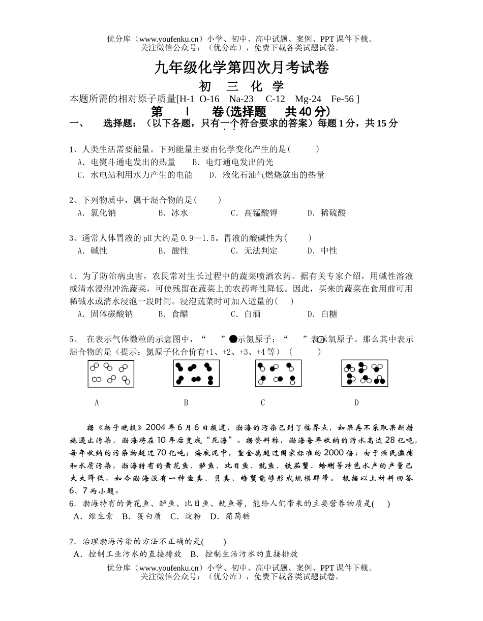 初中化学第四次月考试卷_第1页