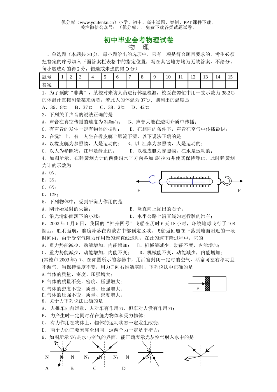 初中九年级物理毕业会考试卷_第1页