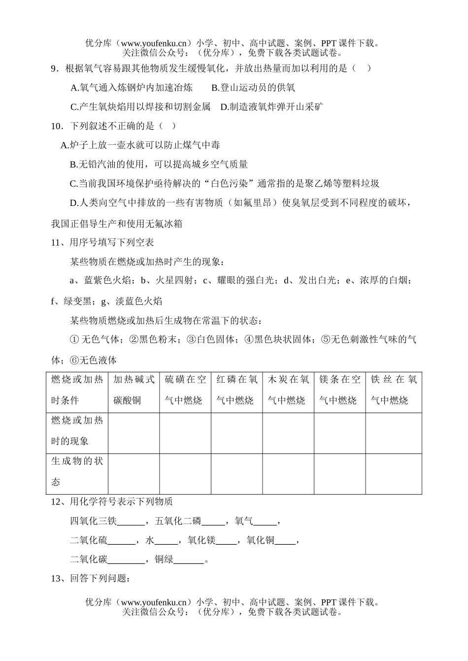 初中化学空气氧气练习题试卷_第2页