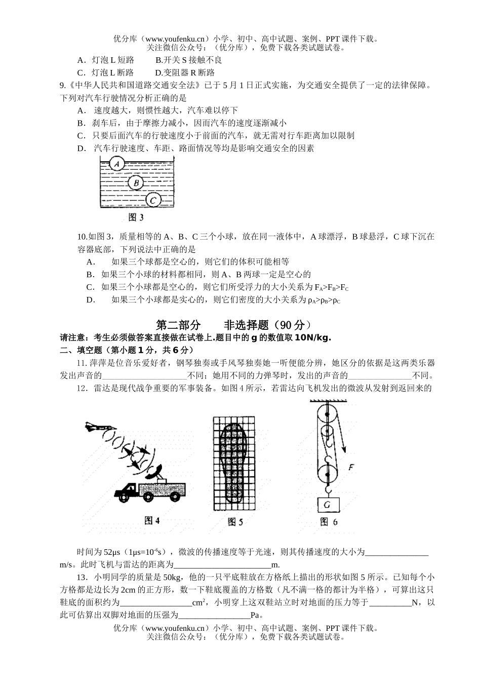 初中九年级物理毕业、升学统一考试1试卷_第2页