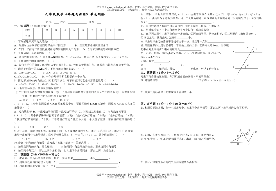 初中九年级数学《命题与证明》单元测验试卷_第1页