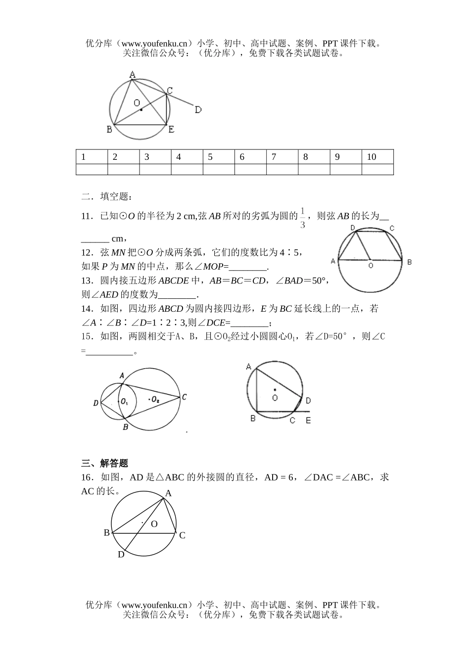 初中九年级数学圆的基本测试卷_第2页
