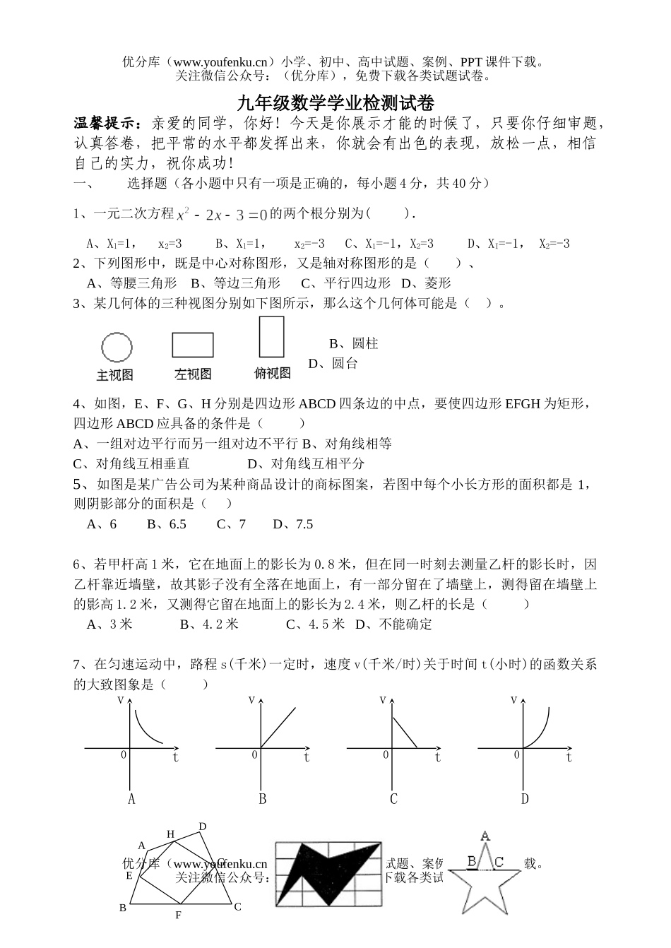 初中九年级数学学业检测6试卷_第1页
