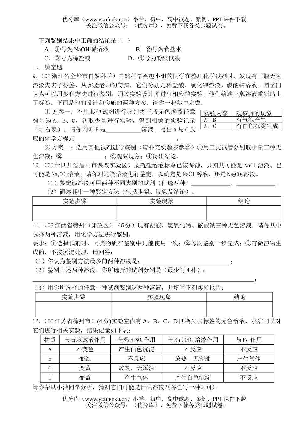 初中化学物质鉴别题常见题型及解法试卷_第2页