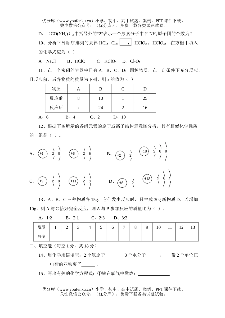 初中化学期中考试及答案试卷_第2页