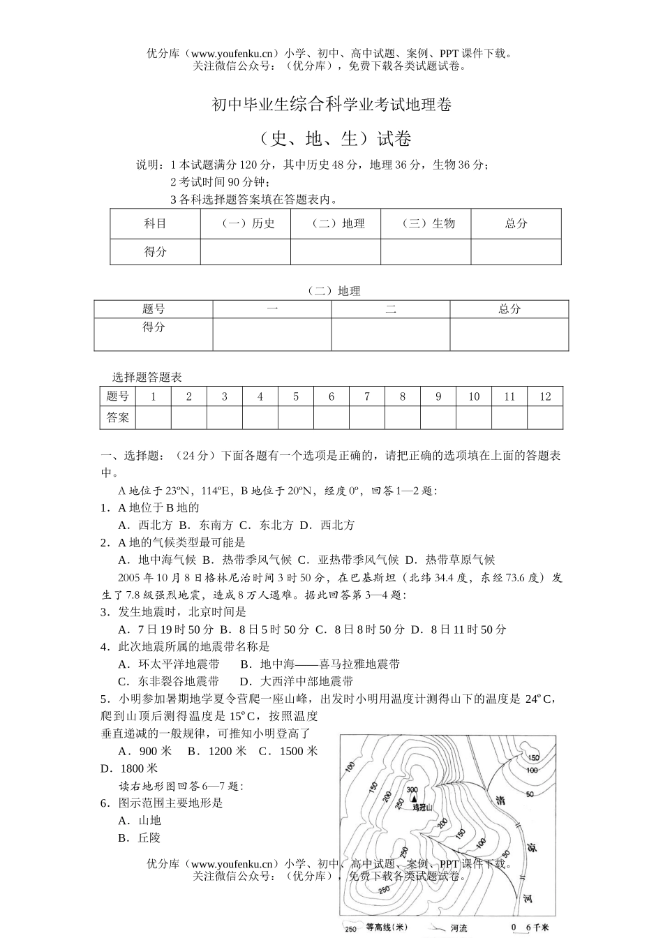 初中九年级地理毕业生综合业考试卷_第1页