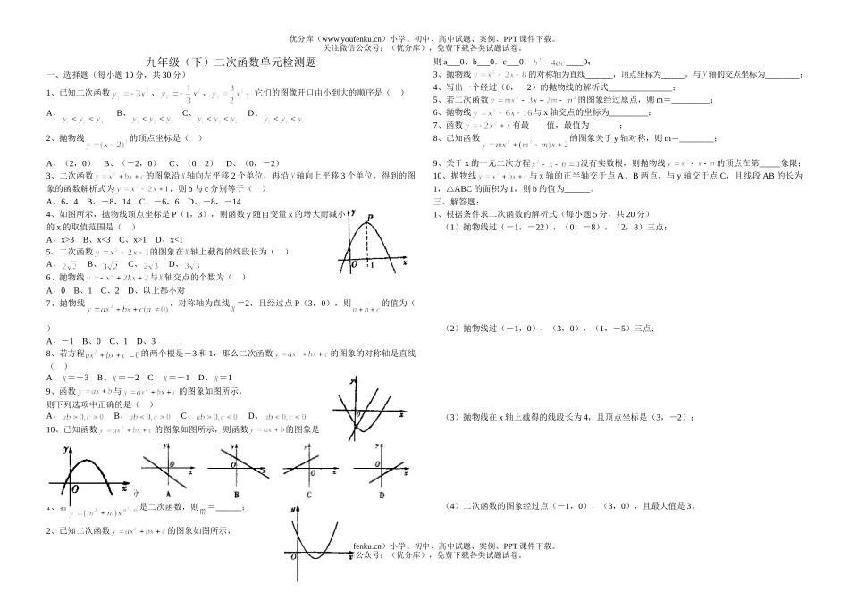 初中九年级数学(下)二次函数单元检测题试卷_第1页