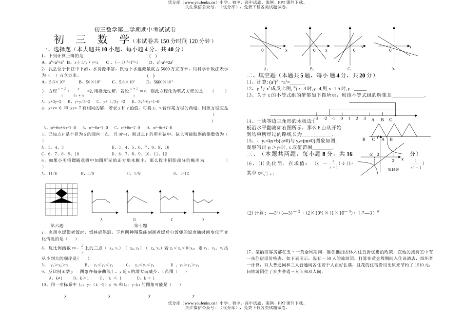 初中九年级数学第二学期期中考试卷_第1页