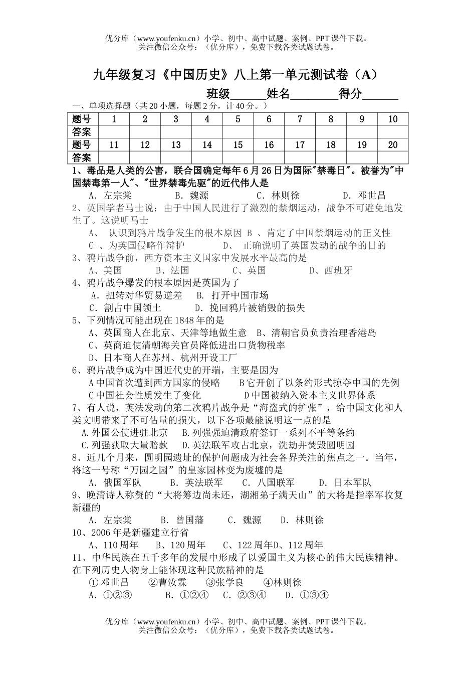 初中九年级历史复习《中国》八上第一单元测(A)试卷_第1页