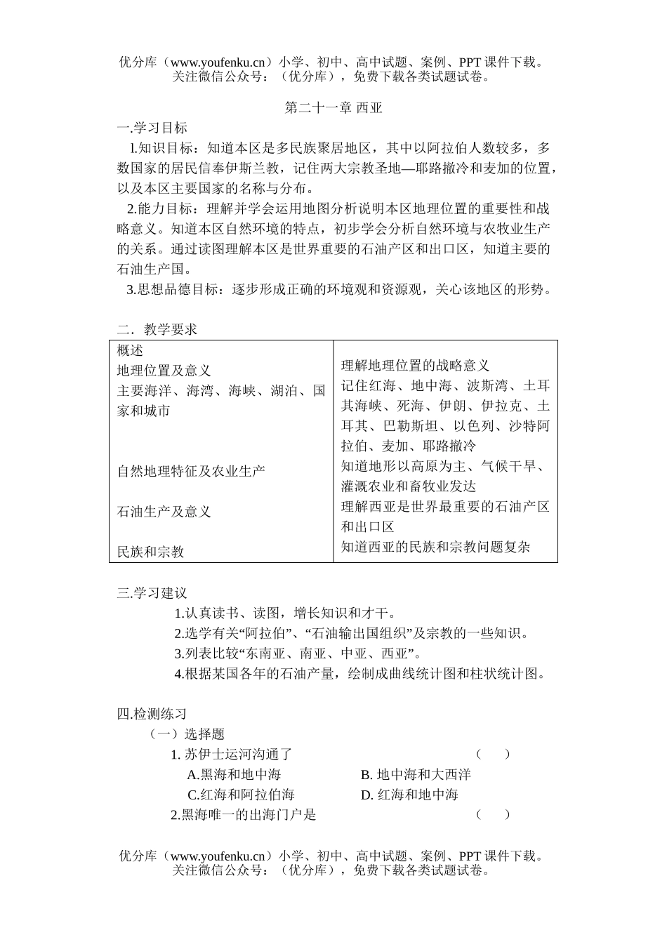 初中九年级地理第二十一章 西亚 检测题试卷_第1页