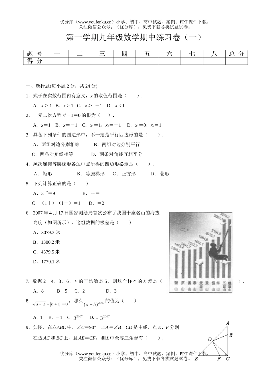 初中九年级数学上学期期中练习1试卷_第1页