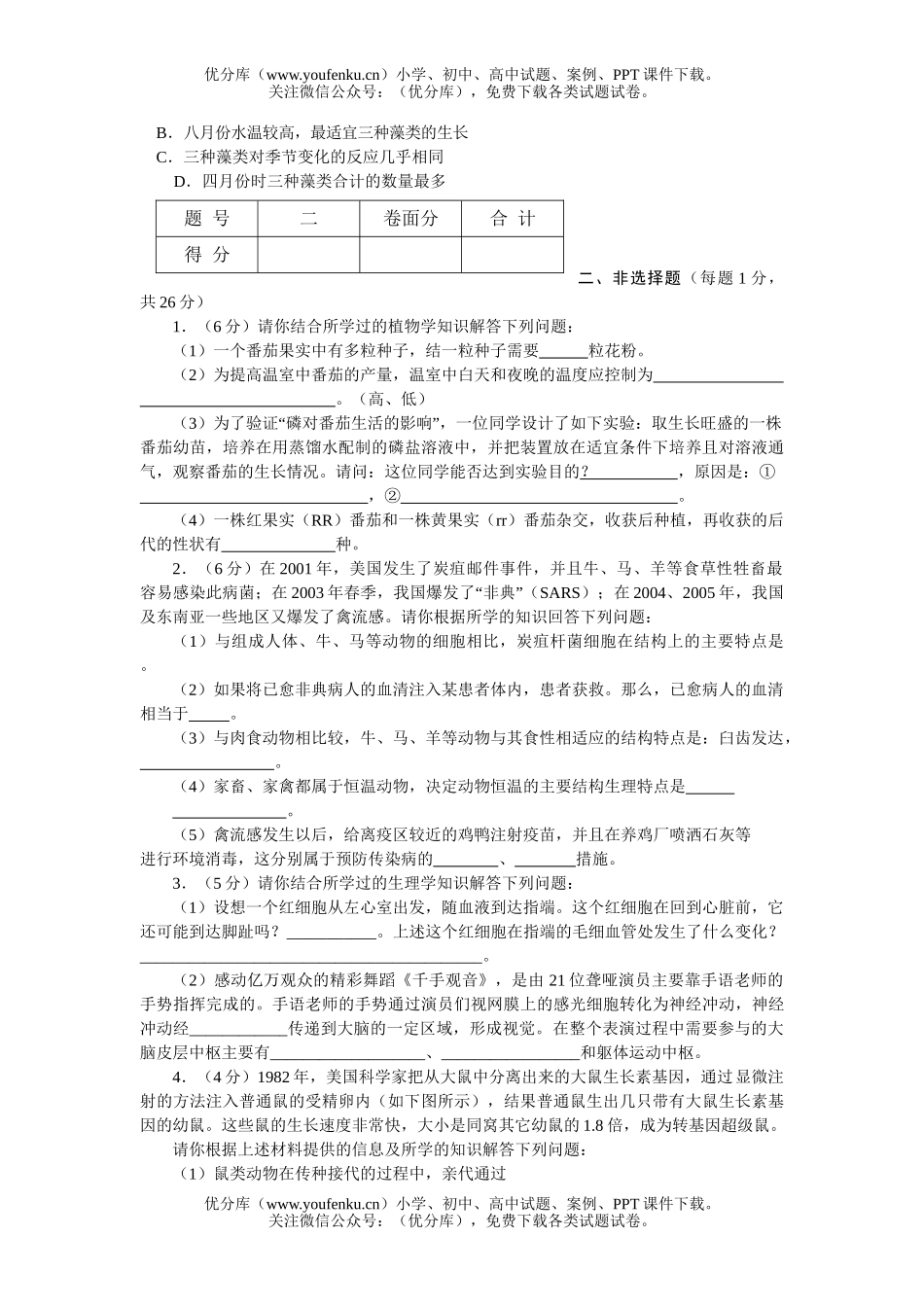 初中九年级生物第二学期中考模拟试卷_第2页