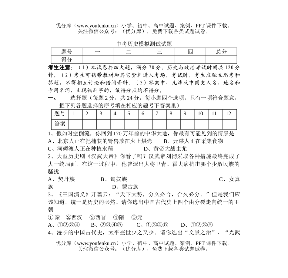 初中九年级历史中考模拟测试卷_第1页
