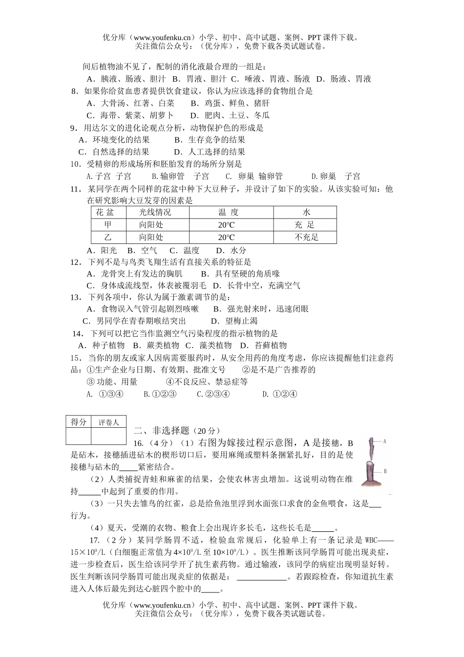 初中九年级生物学结业考试卷_第2页