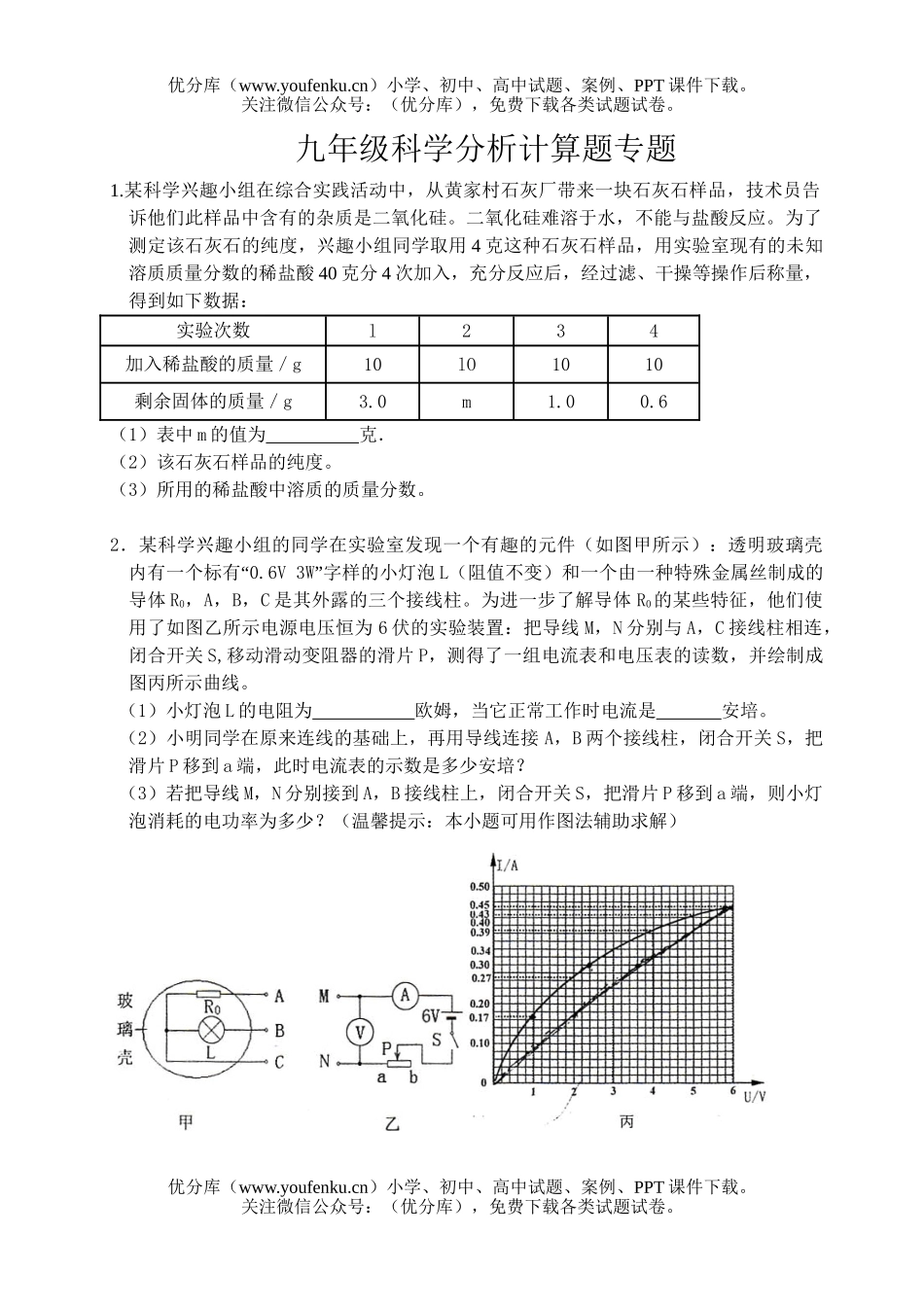 初中九年级科学分析计算题专题试卷_第1页
