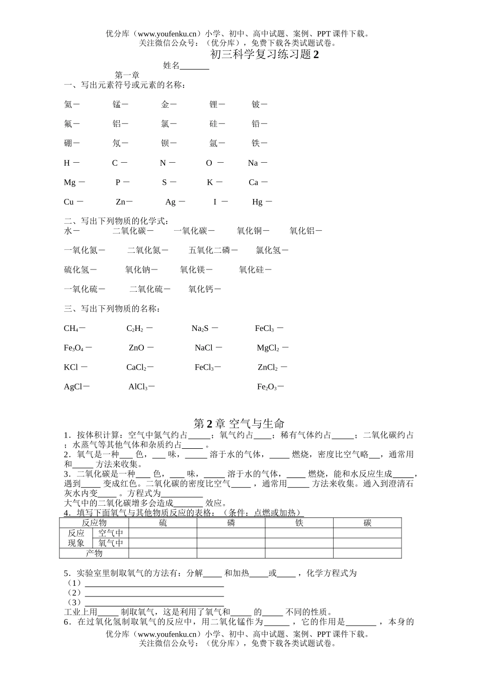 初中九年级科学复习练习题2试卷_第1页