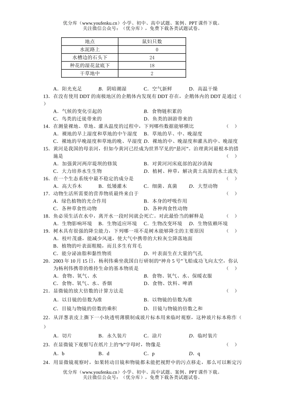 初中九年级生物中考复习单项选择题一试卷_第2页