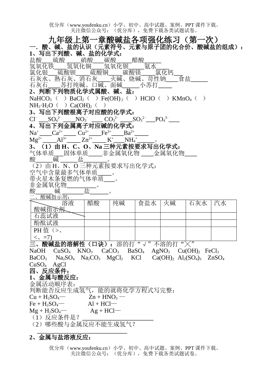初中九年级科学酸碱盐强化练习试卷_第1页