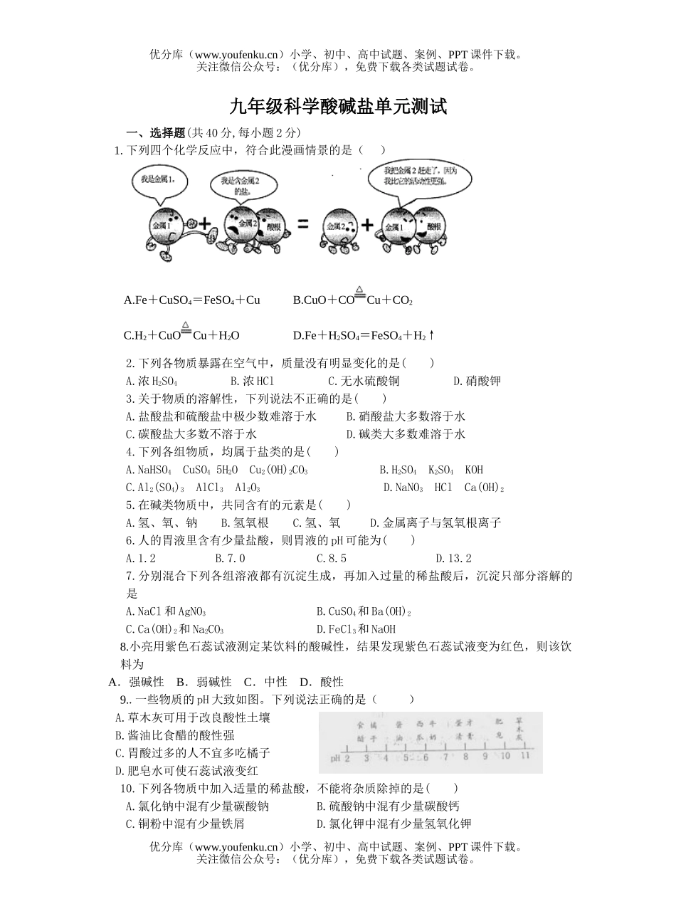 初中九年级科学酸碱盐单元测试卷_第1页