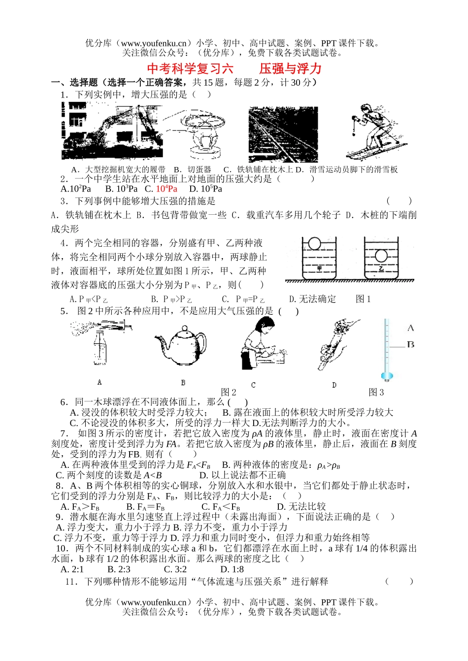 初中九年级科学中考专题复习六压强与浮力试卷_第1页