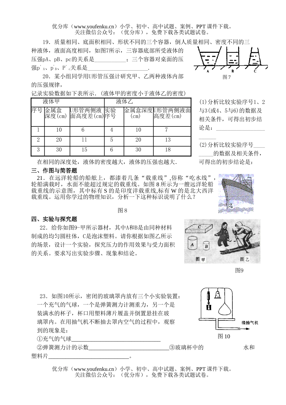 初中九年级科学中考专题复习六压强与浮力试卷_第3页