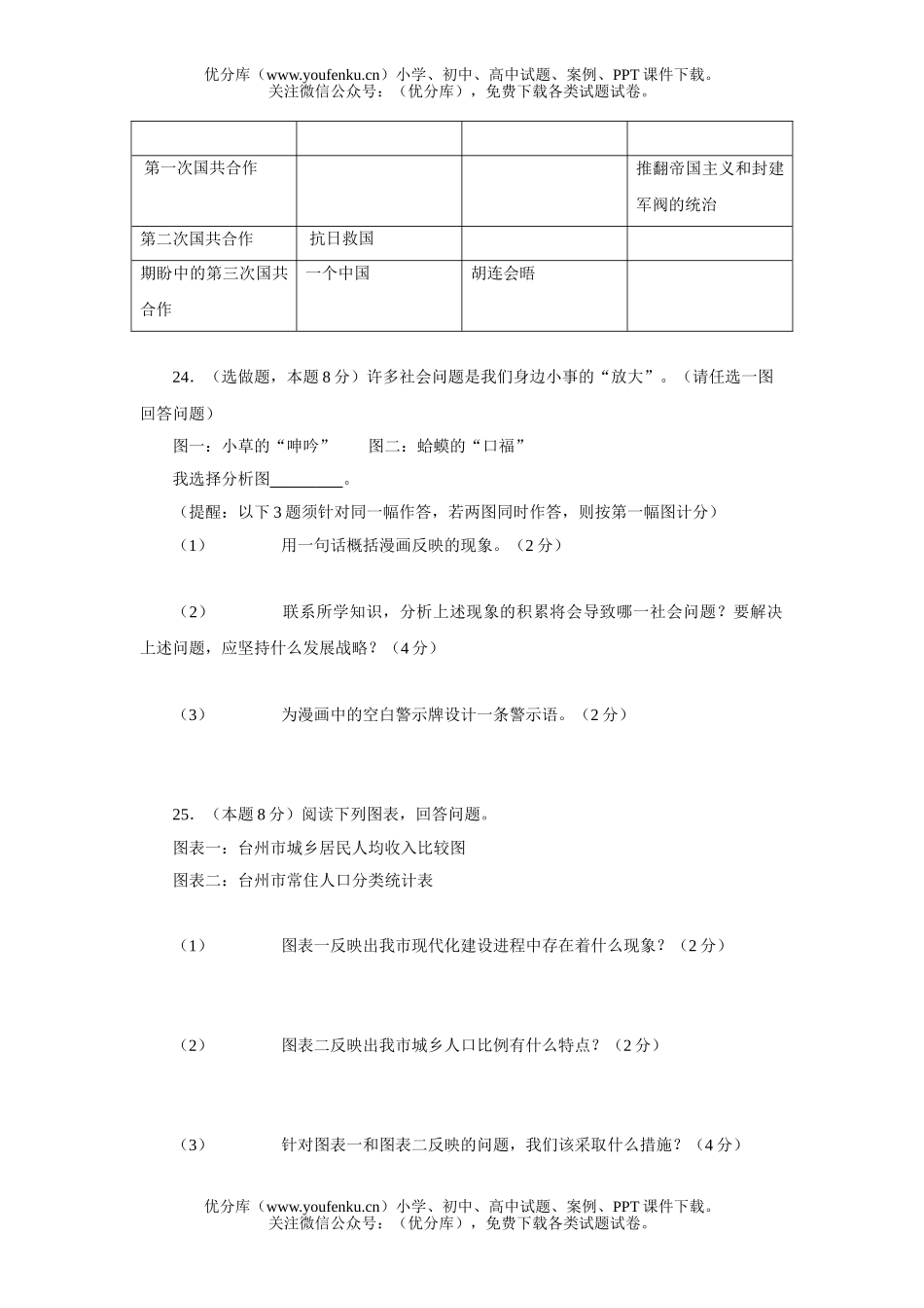 初中九年级政治浙江省台州市毕业、升学考试卷_第3页