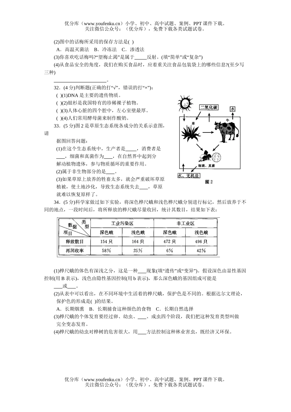 初中九年级生物毕业学业统一考试卷_第3页