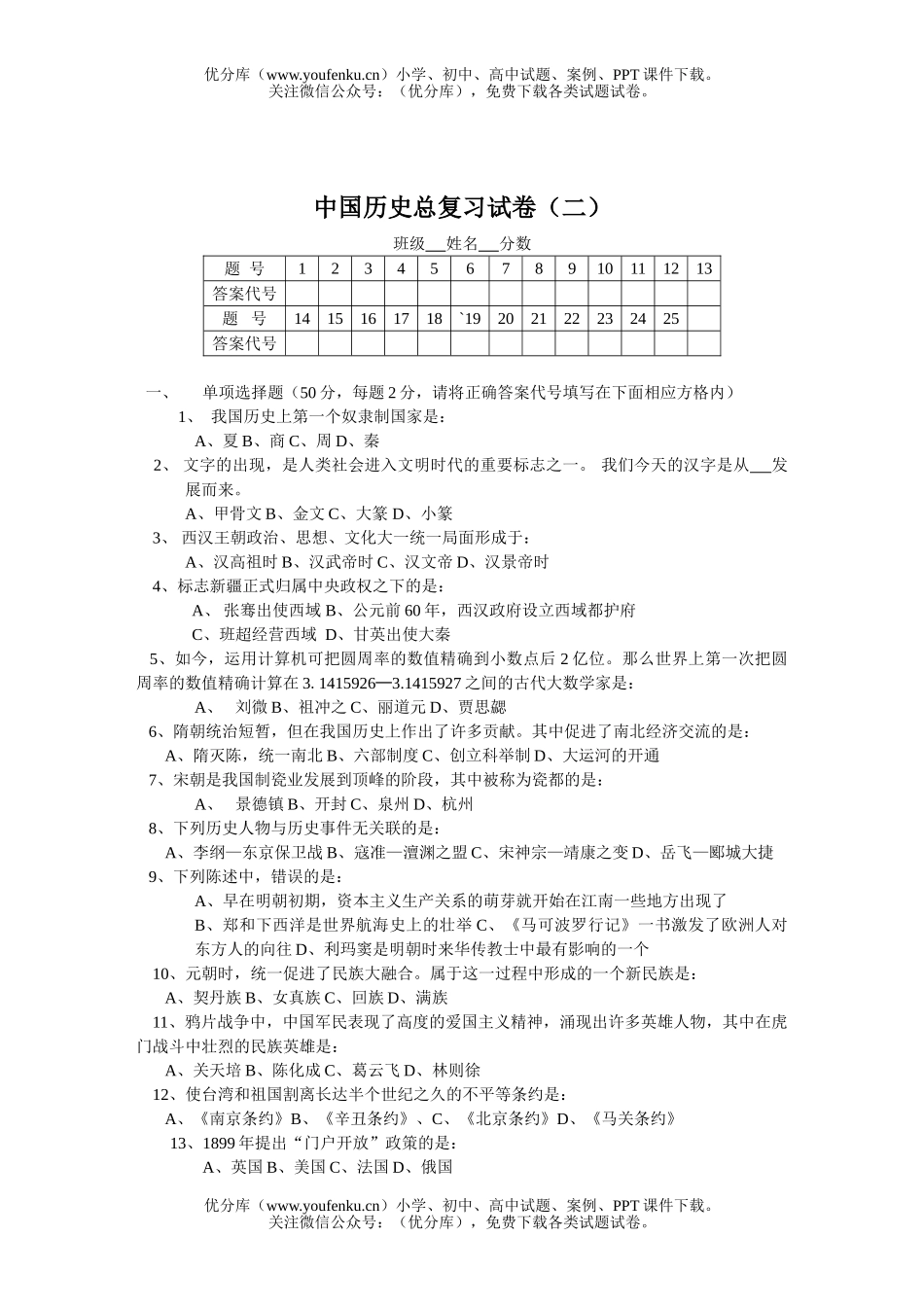初中九年级历史中国总复习(二)试卷_第1页