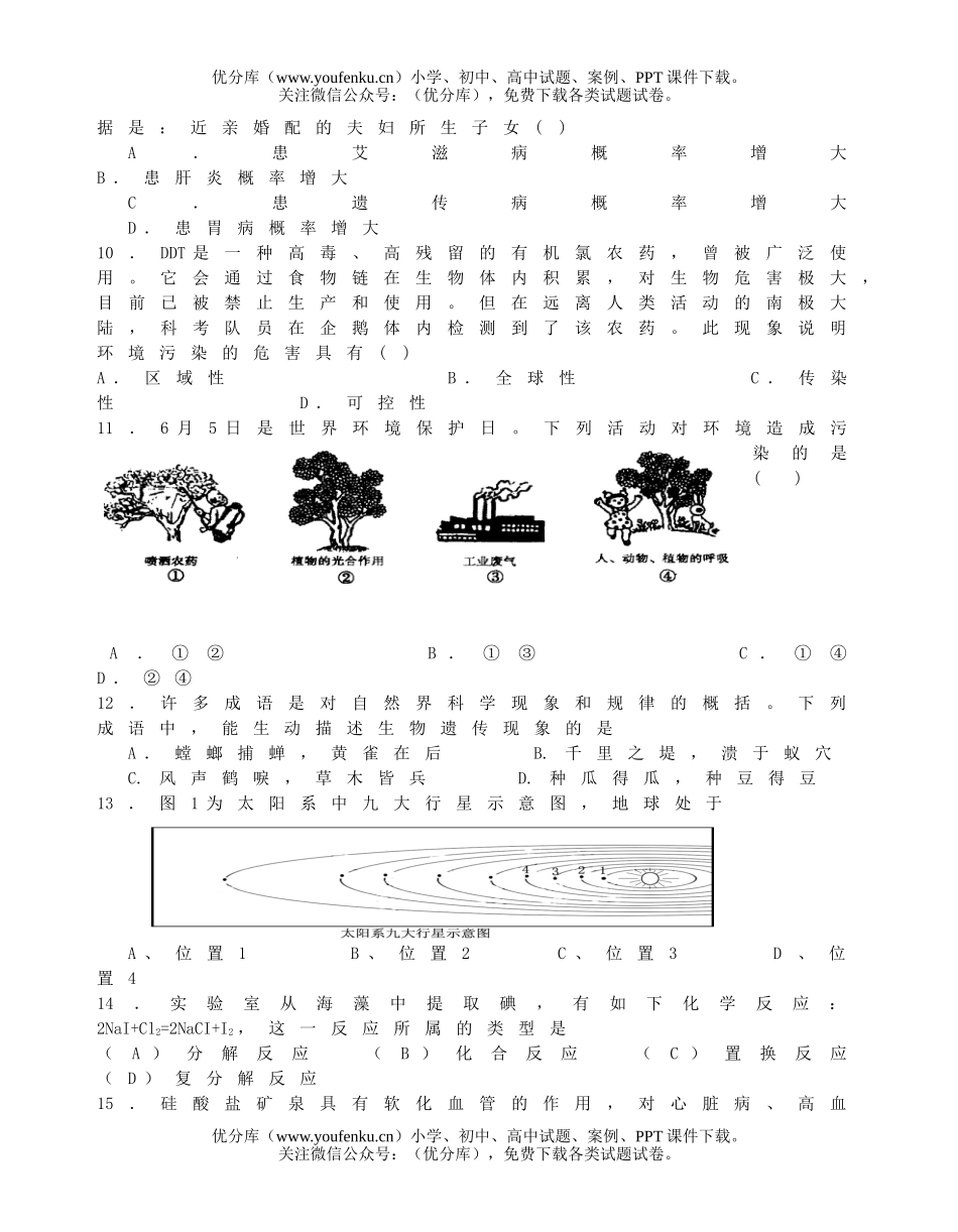 初中九年级科学毕业生学业考试适应性试卷_第2页