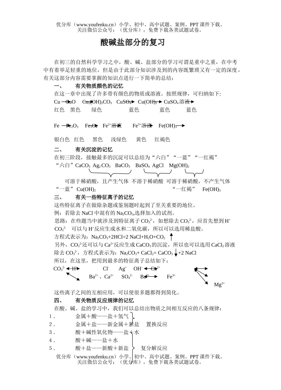初中九年级科学酸碱盐部分的复习试卷_第1页