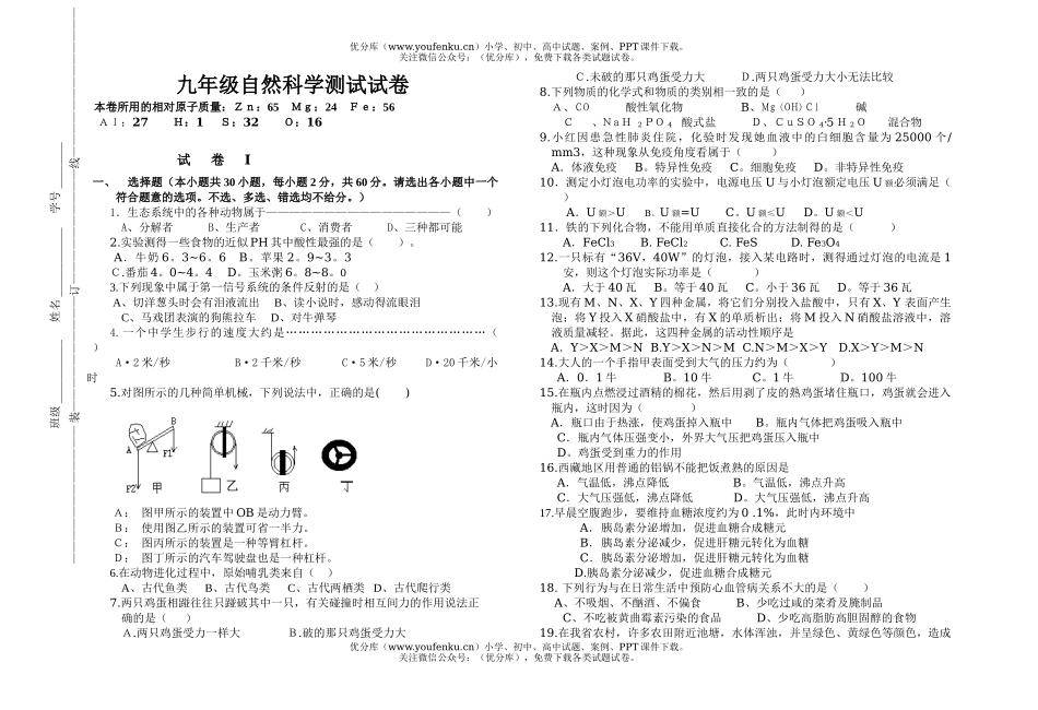 初中九年级科学自然测试卷_第1页