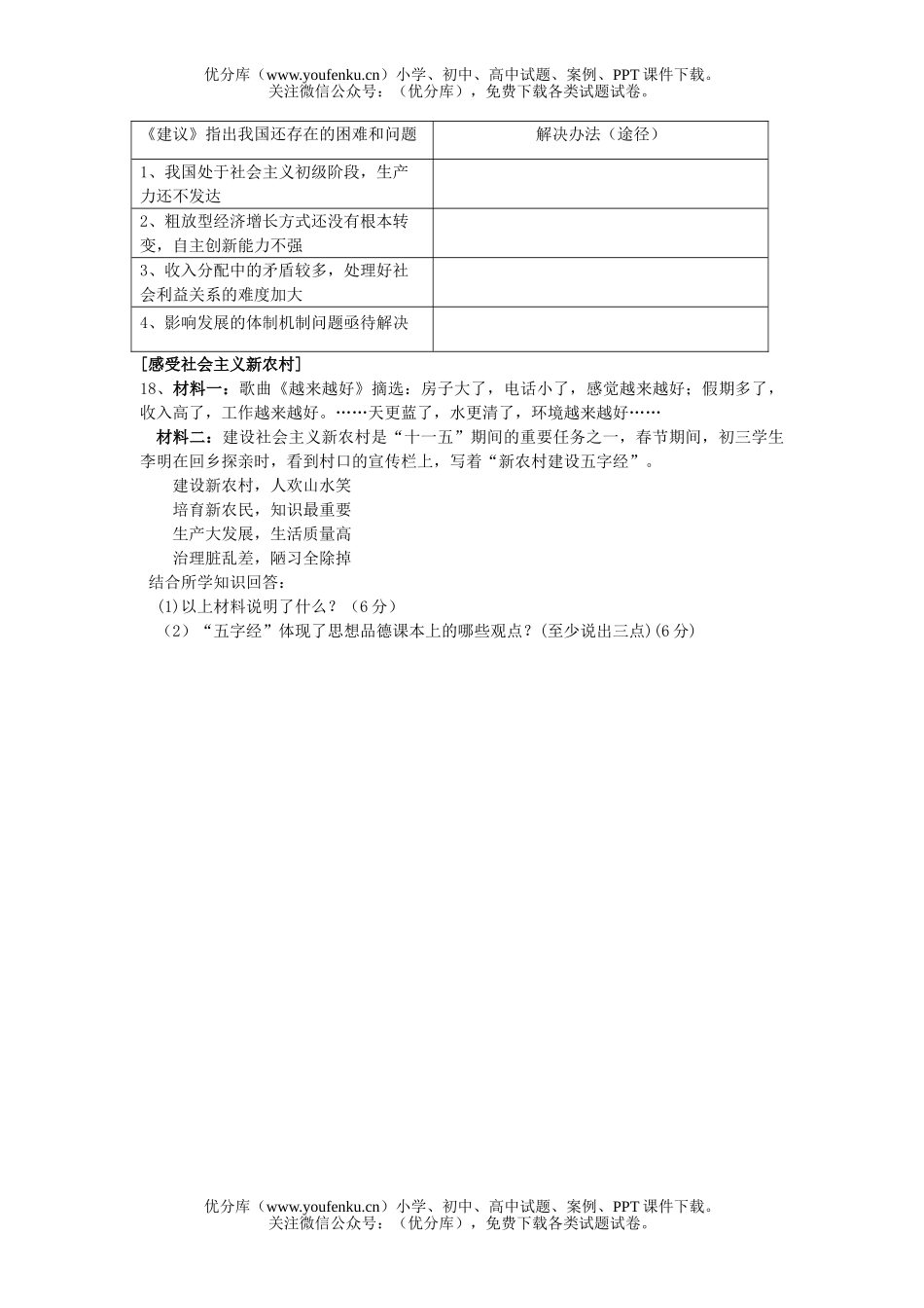初中九年级政治思想品德上学期第一单元测试卷_第3页