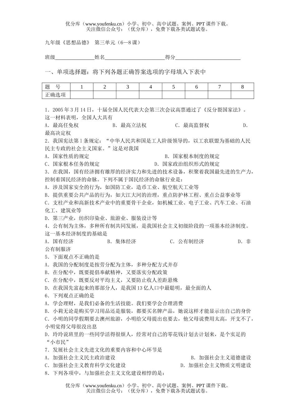 初中九年级政治下学期6-8课精彩练习试卷_第1页